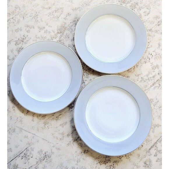 3 SEYEI Fine China Nagoya Japan #398 Dinner Plates 10” Gray Silver Trim Simple - Picture 1 of 8